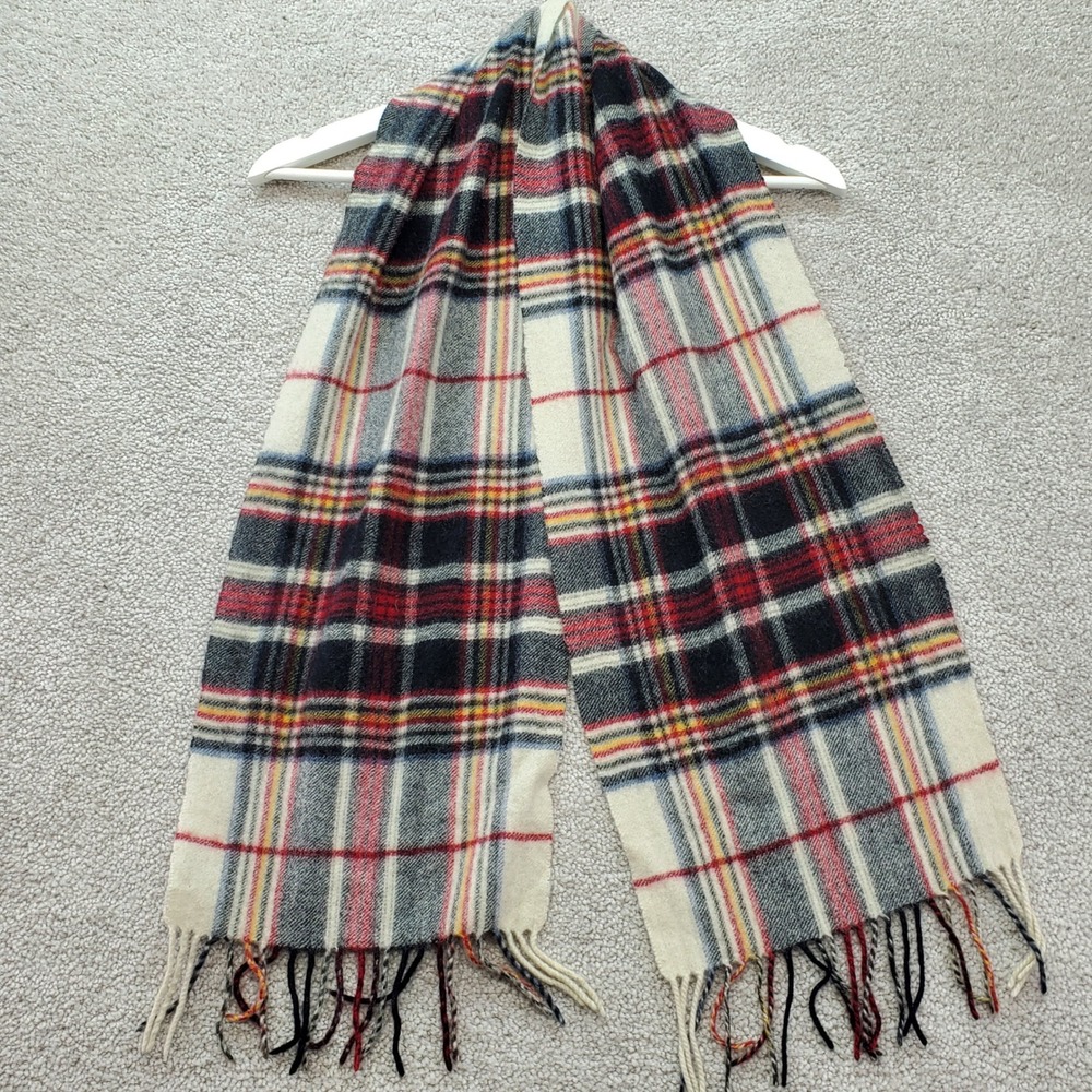 Eddie Bauer Scarf Unisex OS Cream Plaid  Cashmere Wool Blend Fringe‎ Cabincore